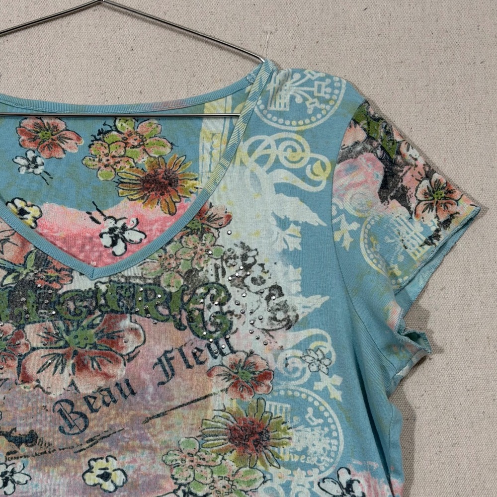 Y2K Boho Floral‎ Graphic Tee Rhinestone Embellished Whimsigoth Fairy Top - Picture 4 of 11